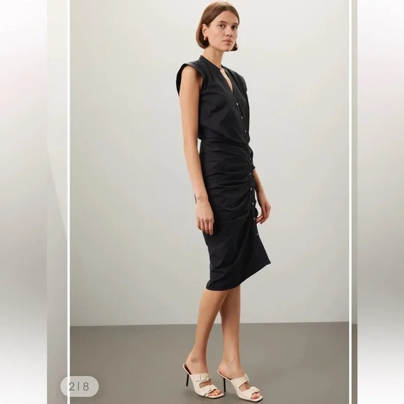 Veronica Beard Black Ruched Assymetric Button Shirtdress - Picture 3 of 12